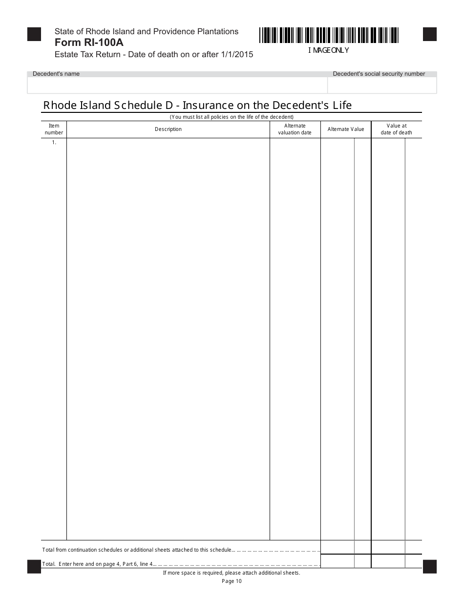Form RI-100A Estate Tax Return - Date of Death on or After 1 / 1 / 2015 - Rhode Island, Page 10