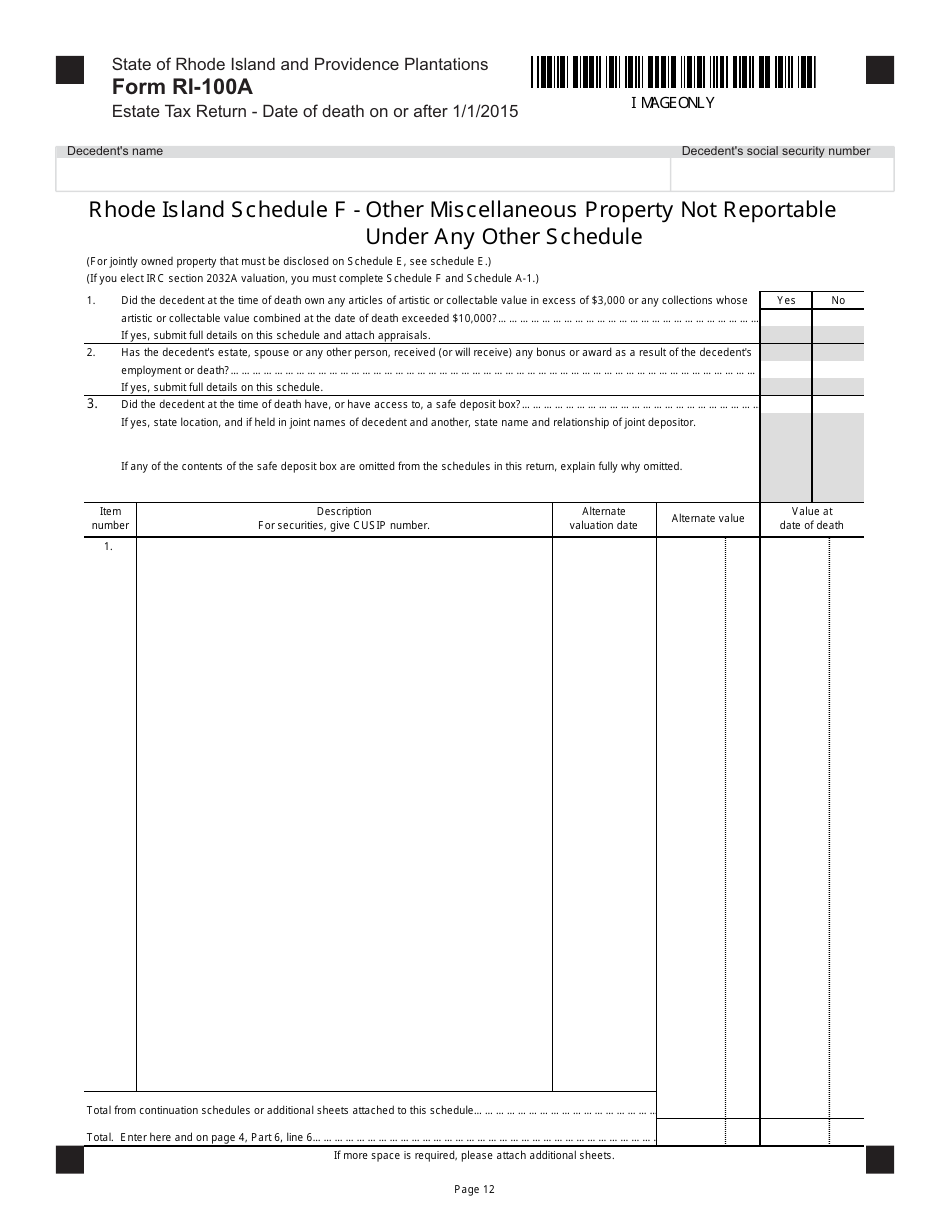 Form RI-100A Estate Tax Return - Date of Death on or After 1 / 1 / 2015 - Rhode Island, Page 12