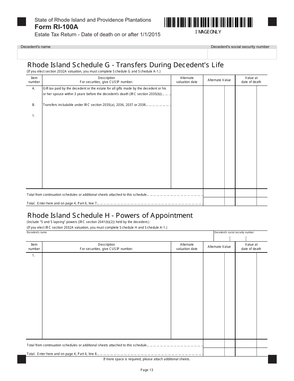 Form RI-100A Estate Tax Return - Date of Death on or After 1 / 1 / 2015 - Rhode Island, Page 13