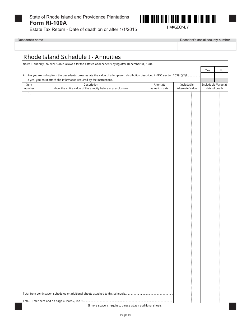 Form RI-100A Estate Tax Return - Date of Death on or After 1 / 1 / 2015 - Rhode Island, Page 14