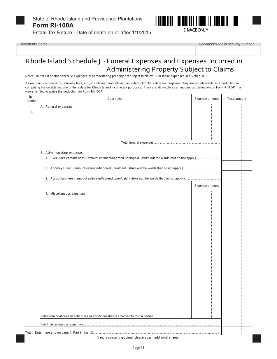 Form RI-100A Estate Tax Return - Date of Death on or After 1 / 1 / 2015 - Rhode Island, Page 15