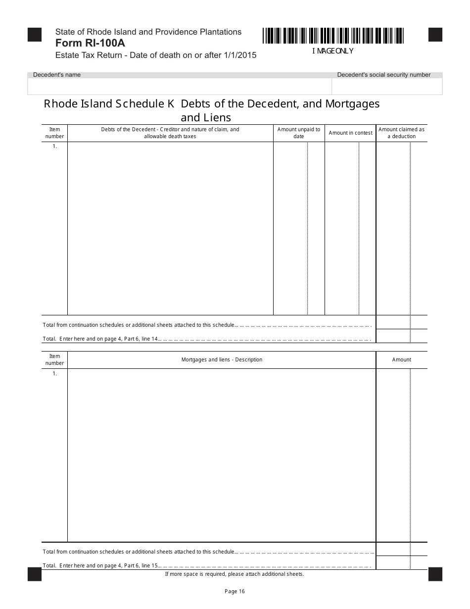 Form RI-100A Estate Tax Return - Date of Death on or After 1 / 1 / 2015 - Rhode Island, Page 16