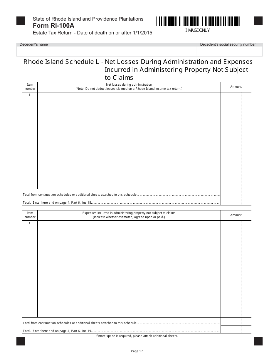 Form RI-100A Estate Tax Return - Date of Death on or After 1 / 1 / 2015 - Rhode Island, Page 17