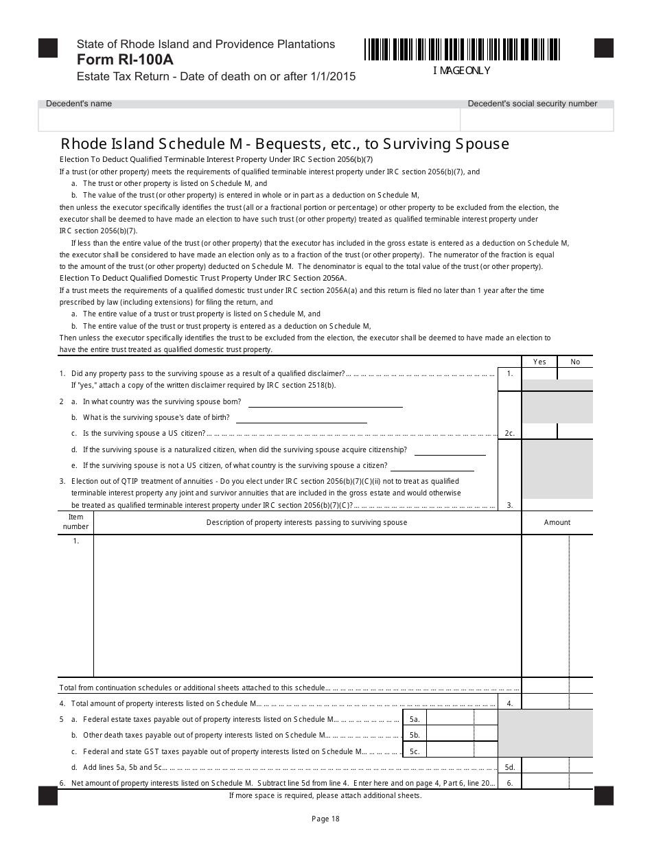 Form RI-100A Estate Tax Return - Date of Death on or After 1 / 1 / 2015 - Rhode Island, Page 18