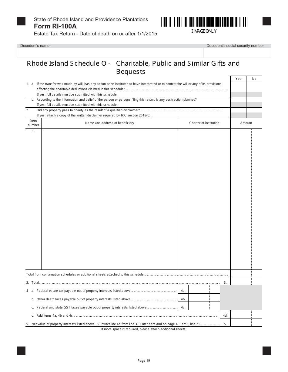 Form RI-100A Estate Tax Return - Date of Death on or After 1 / 1 / 2015 - Rhode Island, Page 19