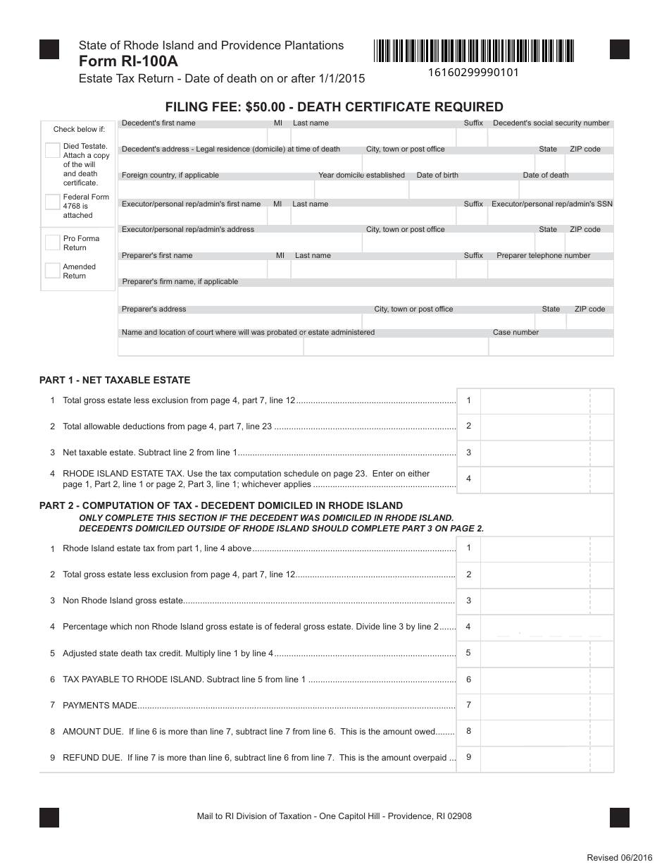 Form RI-100A Estate Tax Return - Date of Death on or After 1 / 1 / 2015 - Rhode Island, Page 1