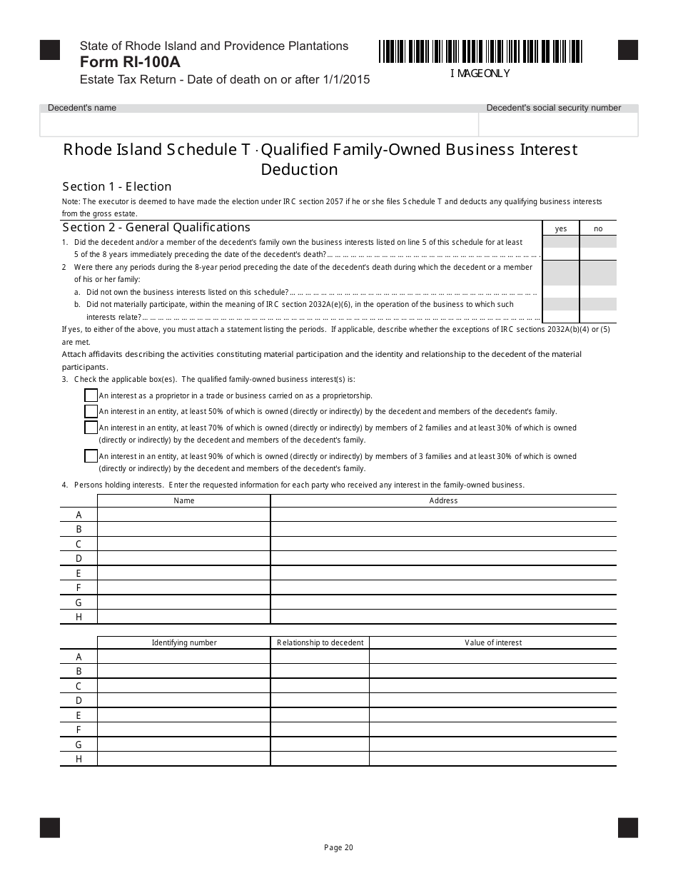 Form RI-100A Estate Tax Return - Date of Death on or After 1 / 1 / 2015 - Rhode Island, Page 20