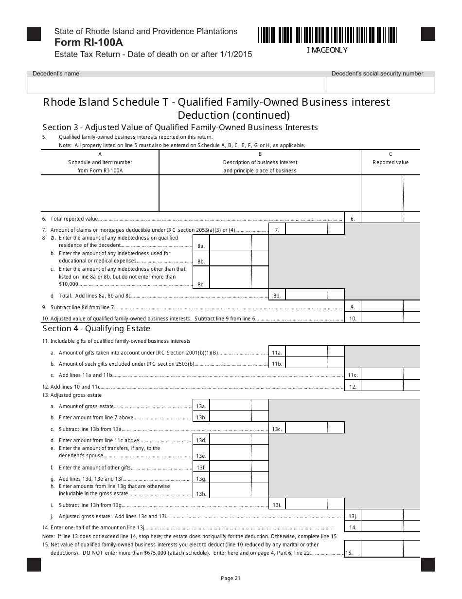 Form RI-100A Estate Tax Return - Date of Death on or After 1 / 1 / 2015 - Rhode Island, Page 21