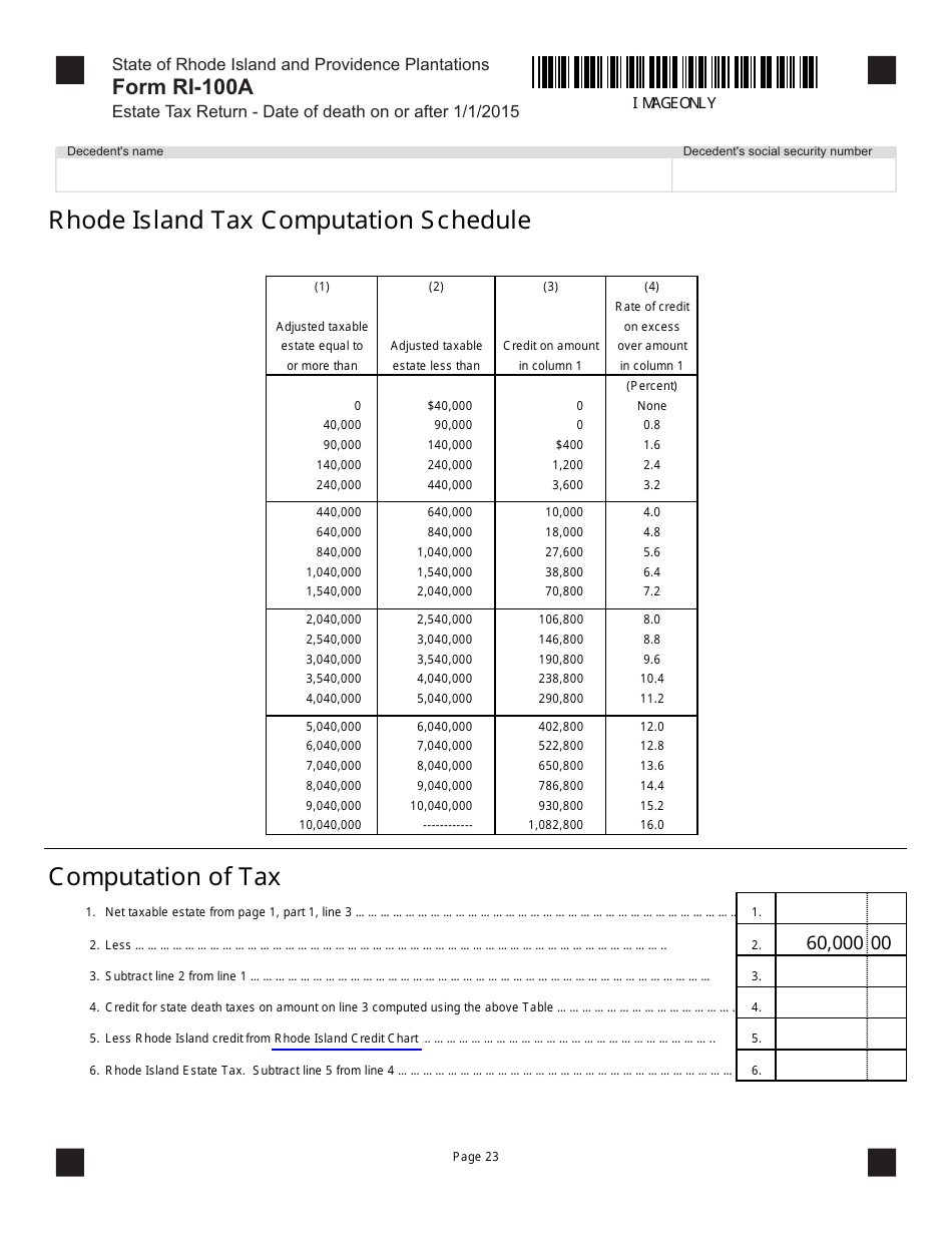 Form RI-100A Estate Tax Return - Date of Death on or After 1 / 1 / 2015 - Rhode Island, Page 23
