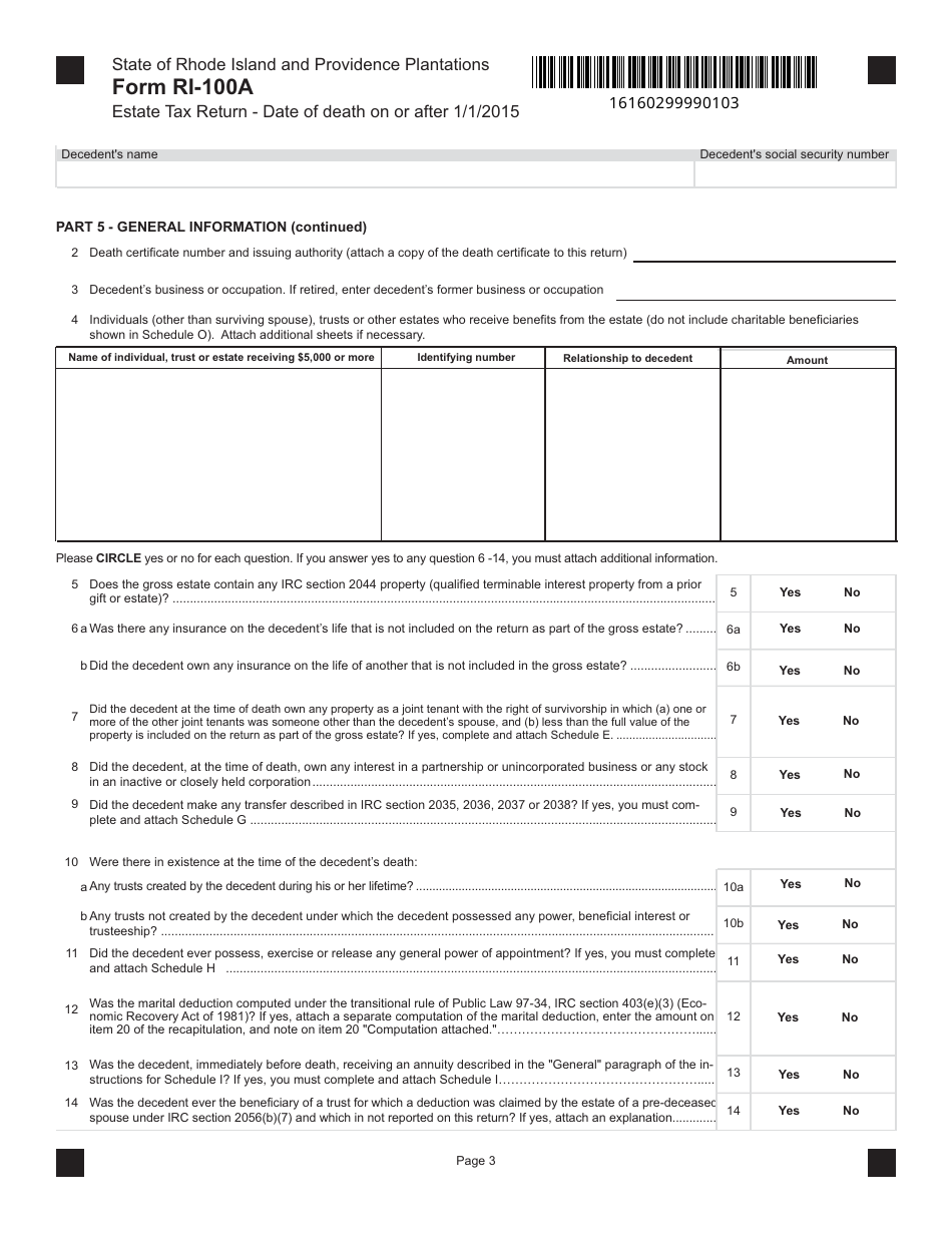 Form RI-100A Estate Tax Return - Date of Death on or After 1 / 1 / 2015 - Rhode Island, Page 3