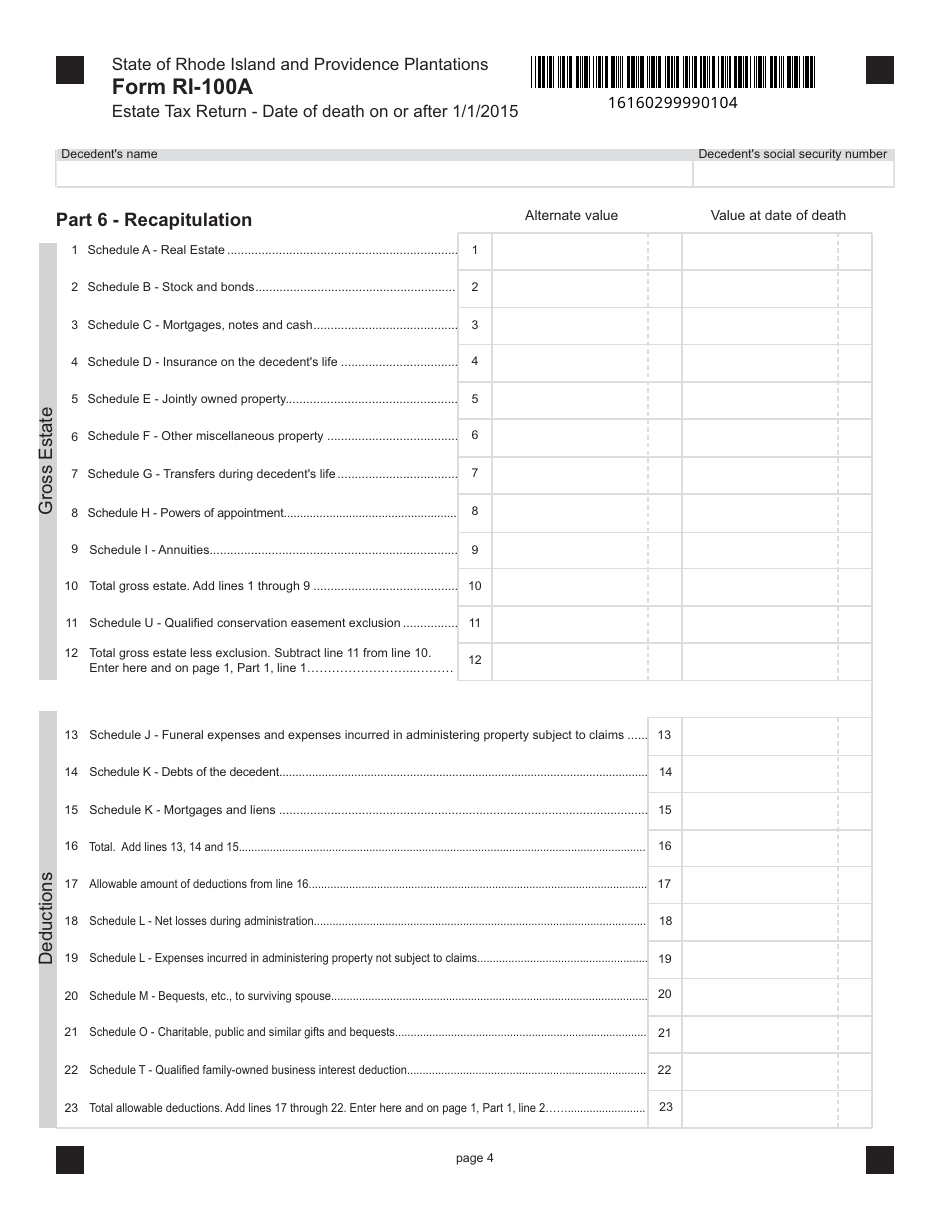 Form RI-100A Estate Tax Return - Date of Death on or After 1 / 1 / 2015 - Rhode Island, Page 4