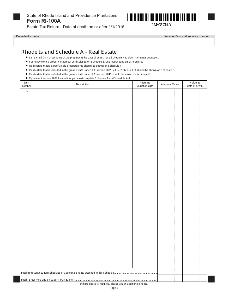 Form RI-100A Estate Tax Return - Date of Death on or After 1 / 1 / 2015 - Rhode Island, Page 5