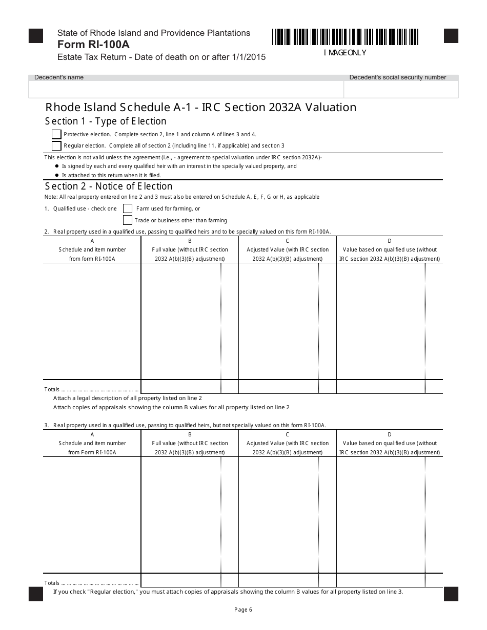 Form RI-100A Estate Tax Return - Date of Death on or After 1 / 1 / 2015 - Rhode Island, Page 6