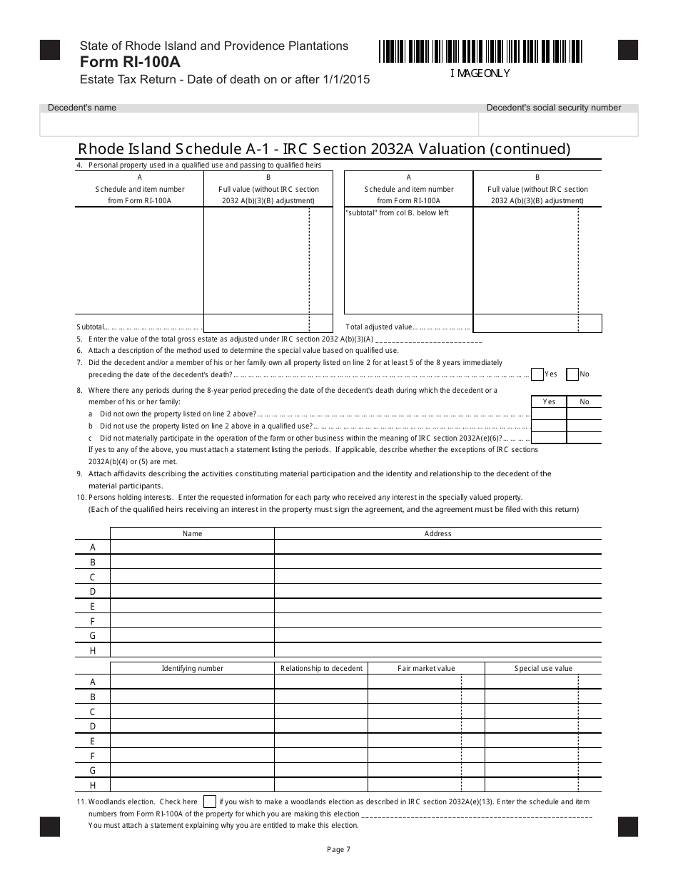 Form RI-100A Estate Tax Return - Date of Death on or After 1 / 1 / 2015 - Rhode Island, Page 7