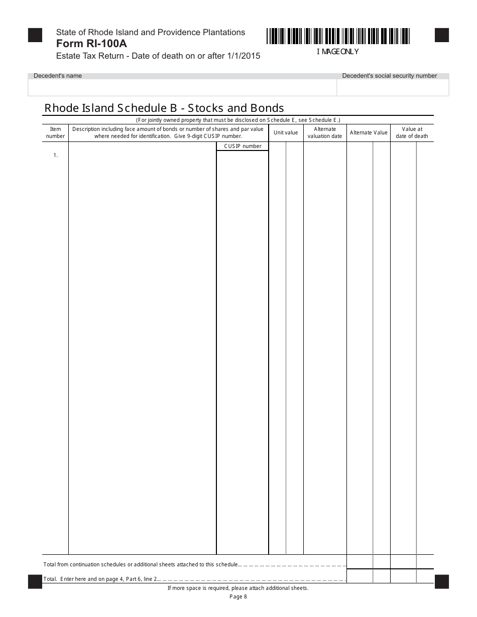Form RI-100A Estate Tax Return - Date of Death on or After 1 / 1 / 2015 - Rhode Island, Page 8