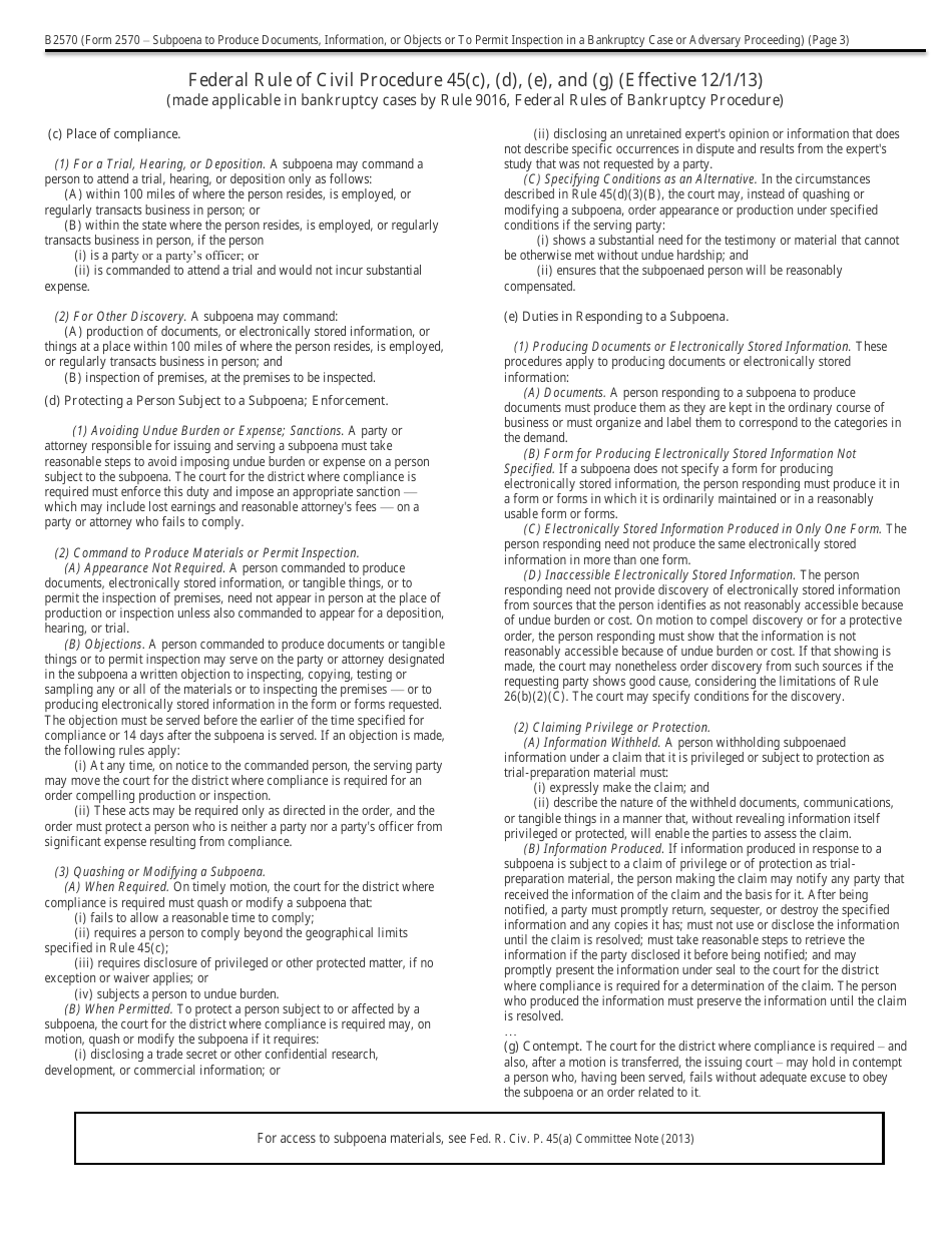 Form B2570 Subpoena to Produce Documents, Information, or Objects or to Permit Inspection of Premises in a Bankruptcy Case (Or Adversary Proceeding), Page 3