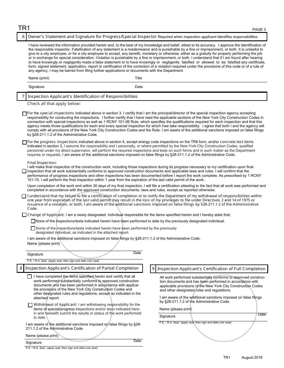 Form TR1 Technical Report Statement of Responsibility - New York City, Page 3