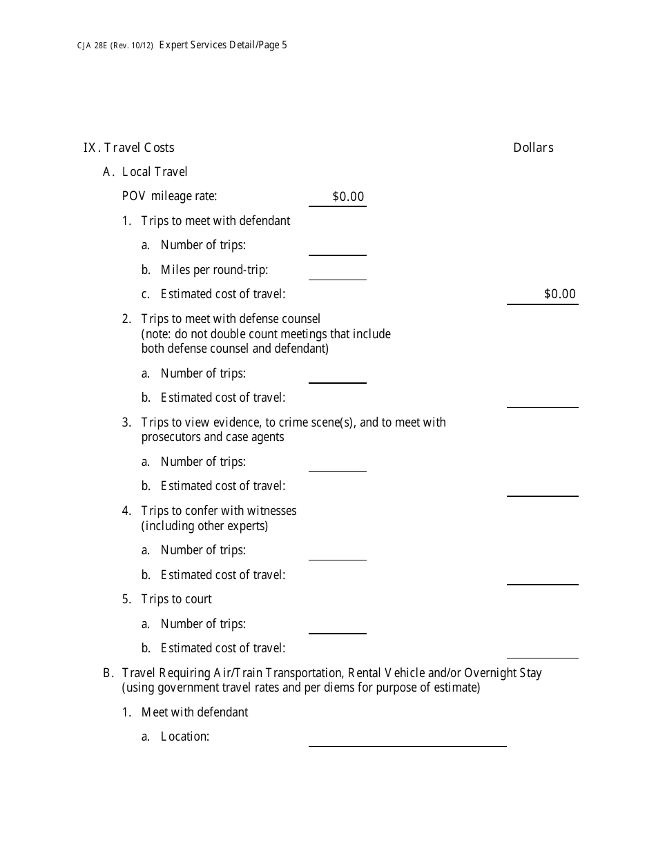 Form CJA28E Expert Services Detailed Budget Worksheet for Non-capital Representations With the Potential for Extraordinary Cost, Page 5