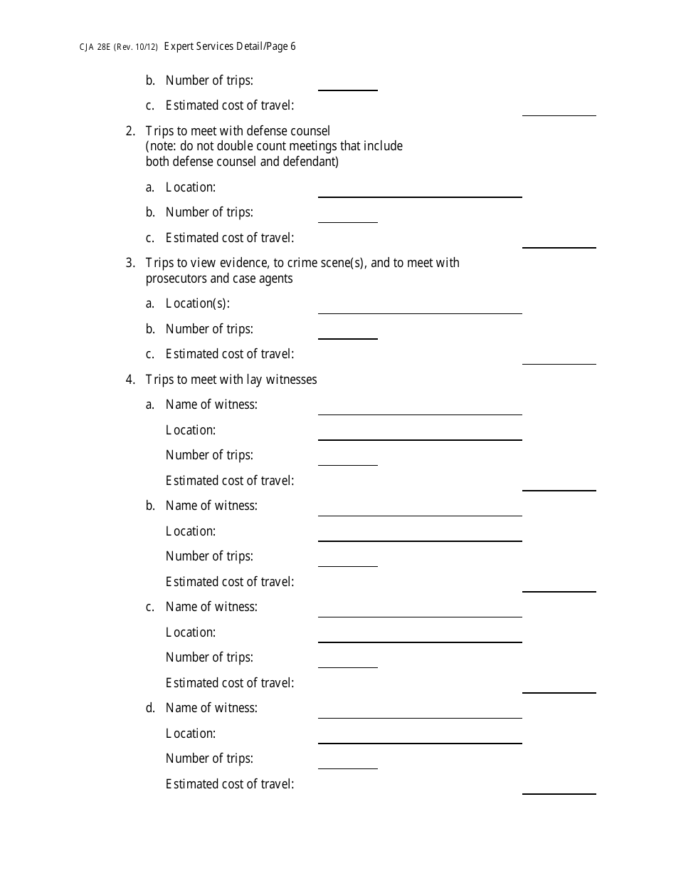 Form CJA28E Expert Services Detailed Budget Worksheet for Non-capital Representations With the Potential for Extraordinary Cost, Page 6