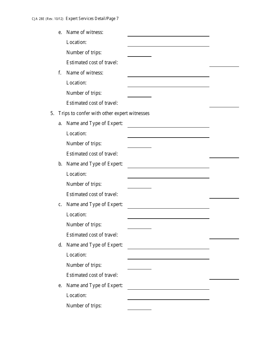 Form CJA28E Expert Services Detailed Budget Worksheet for Non-capital Representations With the Potential for Extraordinary Cost, Page 7