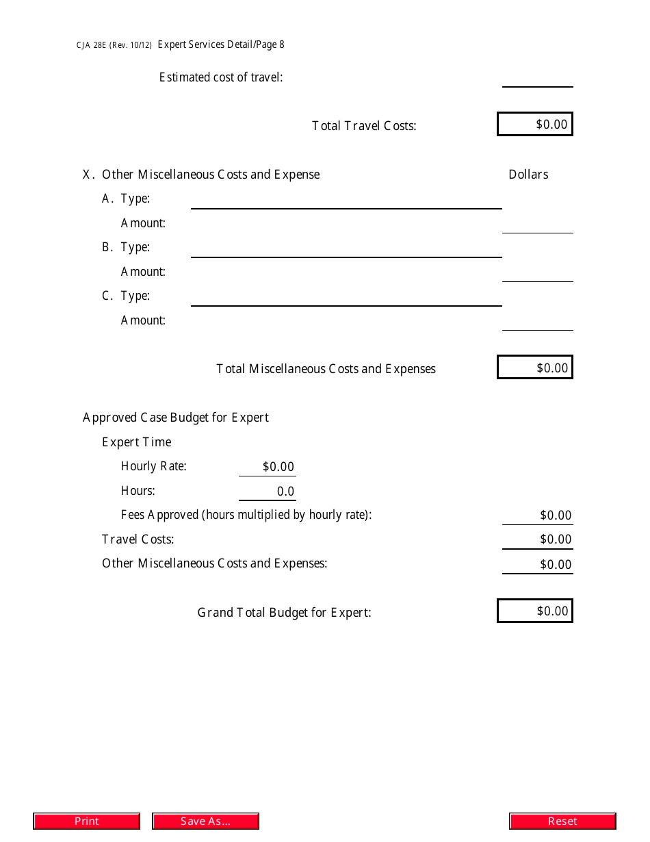 Form CJA28E Expert Services Detailed Budget Worksheet for Non-capital Representations With the Potential for Extraordinary Cost, Page 8