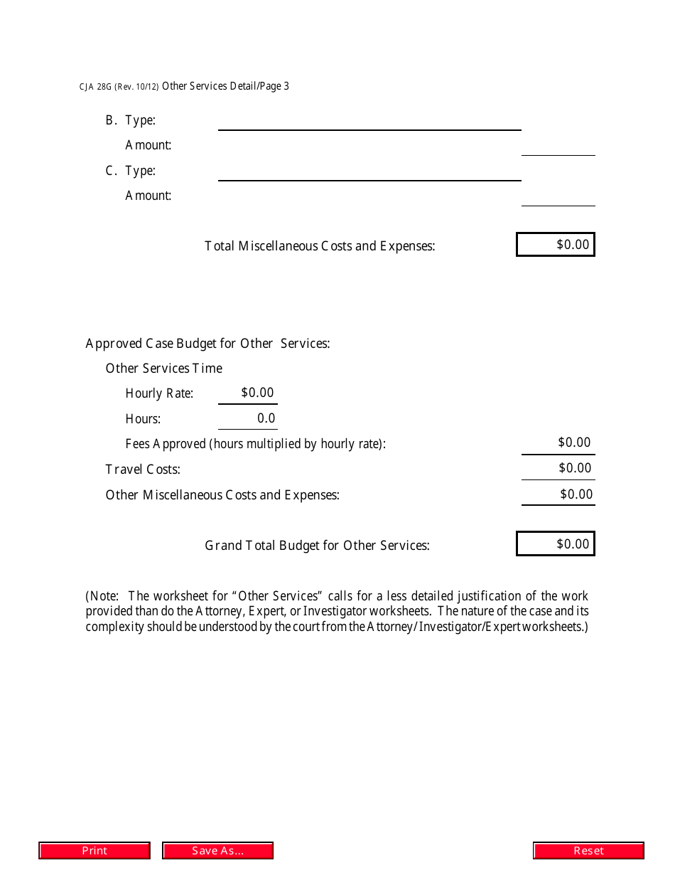 Form CJA28G Other Services Detailed Budget Worksheet for Non-capital Representations With the Potential for Extraordinary Cost, Page 3