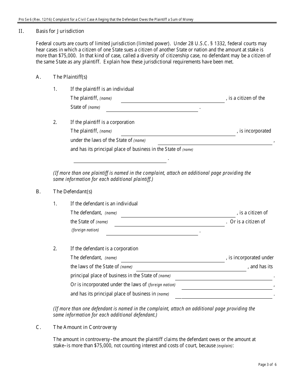 Form Pro Se6 Complaint for a Civil Case Alleging That the Defendant Owes Plaintiff a Sum of Money, Page 3