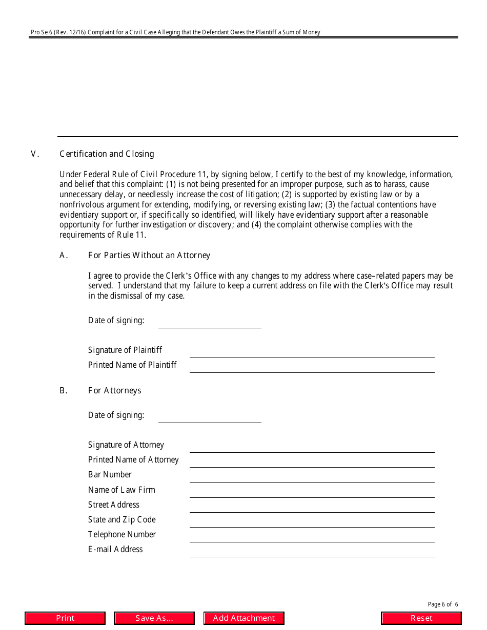 Form Pro Se6 Complaint for a Civil Case Alleging That the Defendant Owes Plaintiff a Sum of Money, Page 6