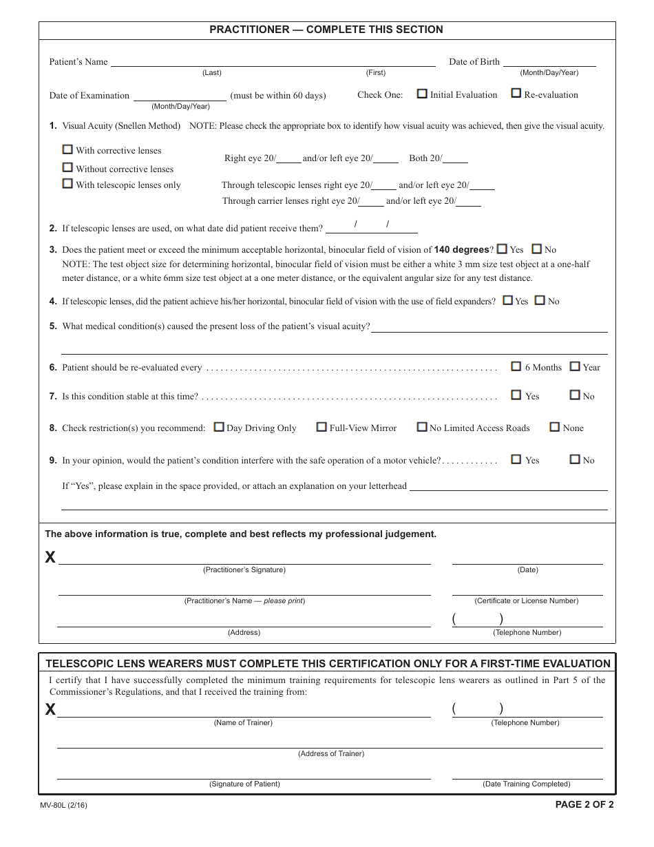Form MV-80l Eye Test Report for Medical Review Unit - New York, Page 2
