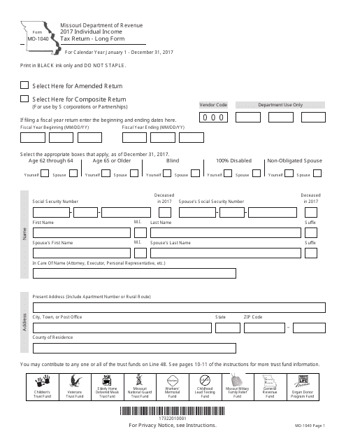 Form MO-1040 2017 Printable Pdf