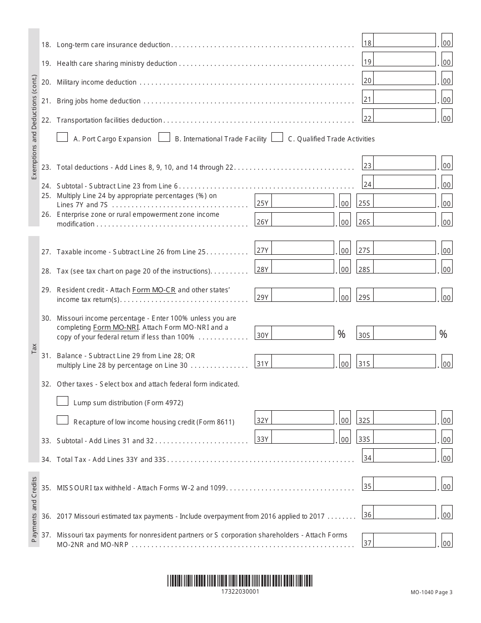 Form MO-1040 Individual Income Tax Return - Long Form - Missouri, Page 3