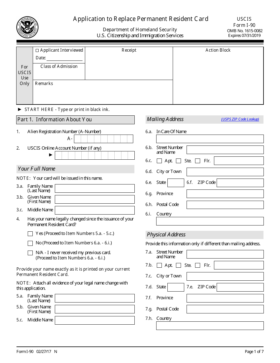USCIS Form I-90 Application to Replace Permanent Resident Card, Page 1