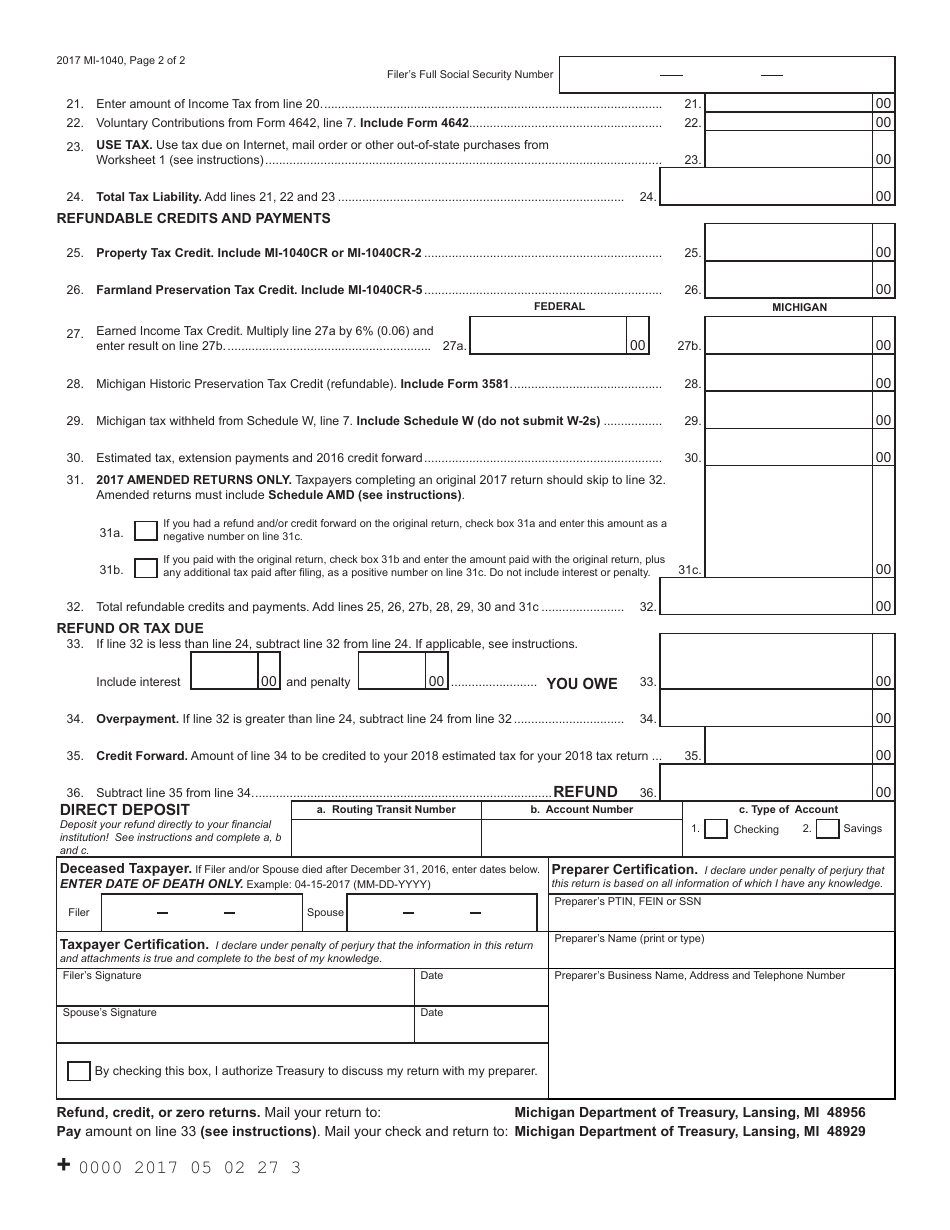 Form MI1040 2017 Fill Out, Sign Online and Download Fillable PDF, Michigan Templateroller