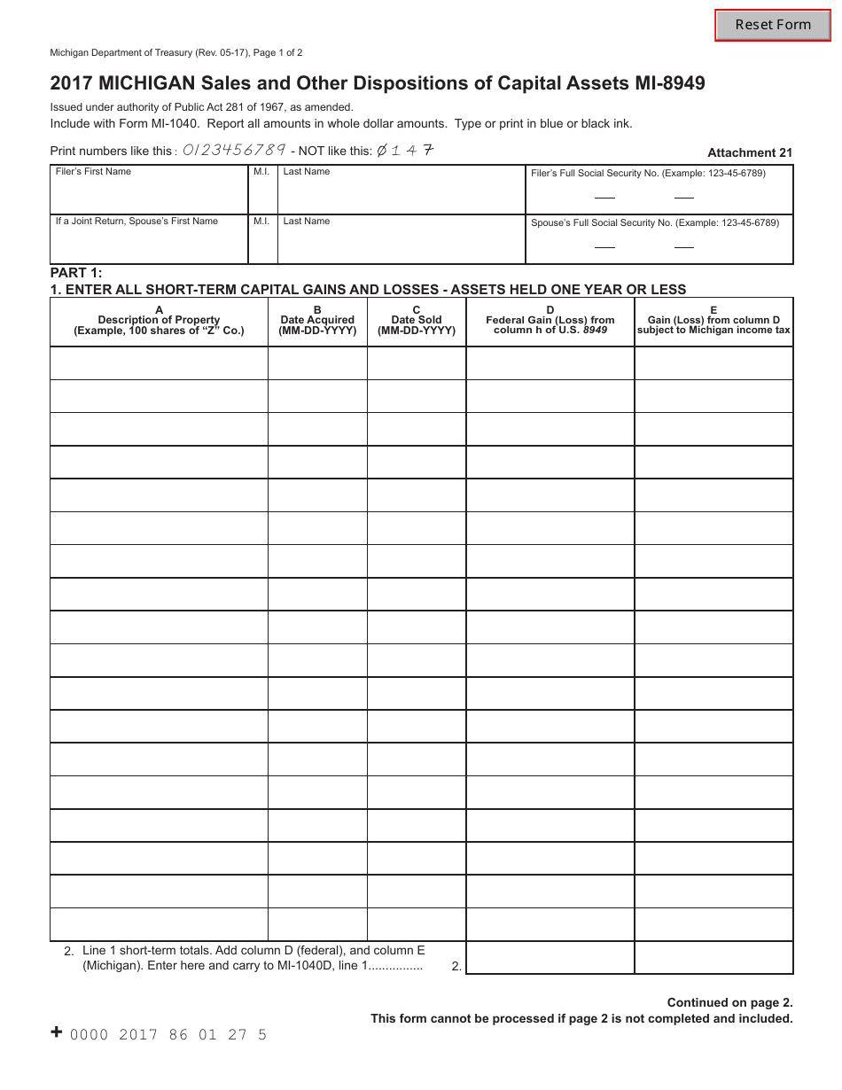 Form MI-8949 Michigan Sales and Other Dispositions of Capital Assets - Michigan, Page 1