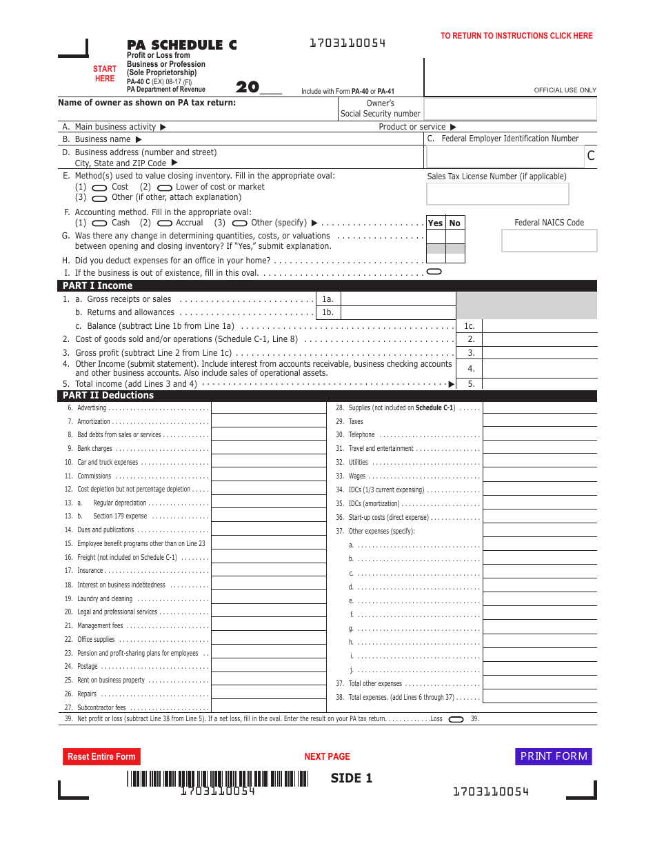 Form PA-40 C (EX) Schedule C Profit or Loss From Business or Profession (Sole Proprietorship) - Pennsylvania, Page 1