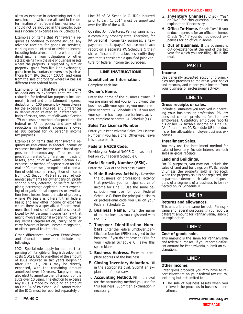 Form PA-40 C (EX) Schedule C Profit or Loss From Business or Profession (Sole Proprietorship) - Pennsylvania, Page 4