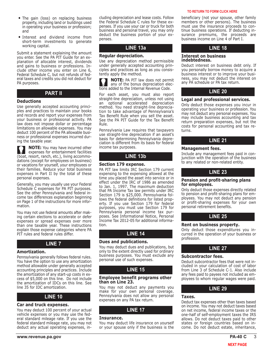 Form PA-40 C (EX) Schedule C Profit or Loss From Business or Profession (Sole Proprietorship) - Pennsylvania, Page 5