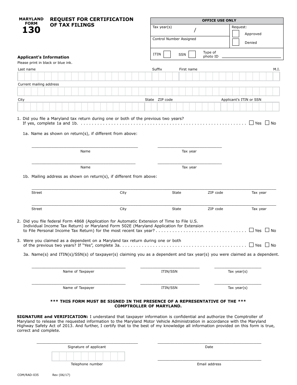Form 130 Request for Certification of Tax Filings - Maryland, Page 1