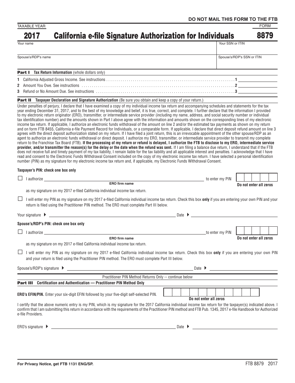 Form FTB8879 - 2017 - Fill Out, Sign Online and Download Printable PDF ...