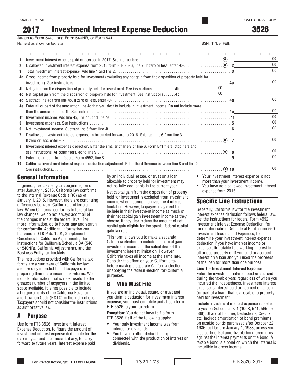 Form FTB3526 Investment Interest Expense Deduction - California, Page 1