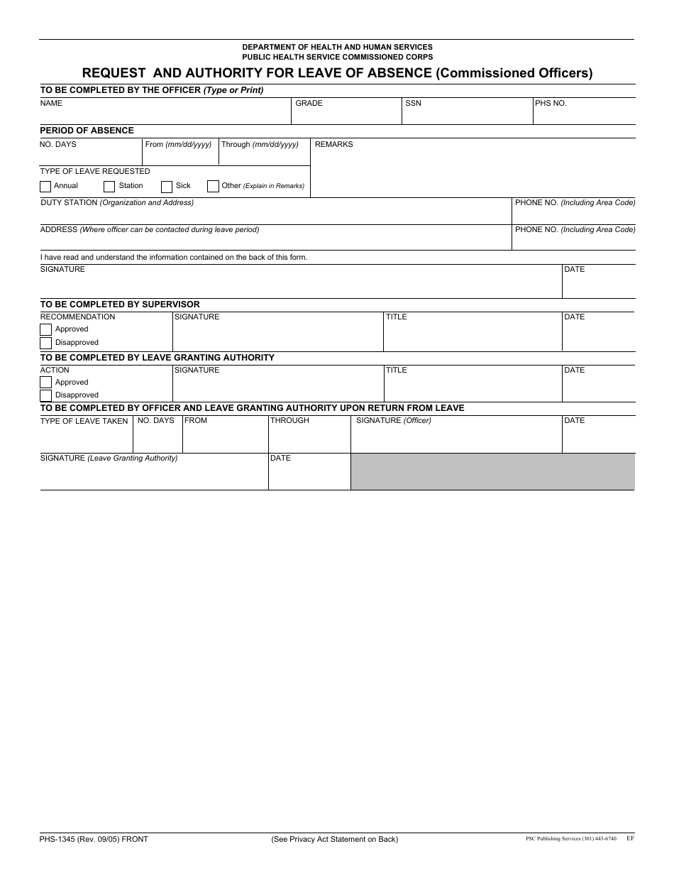 Form PHS-1345 Request and Authority for Leave of Absence (Commissioned Officers), Page 1