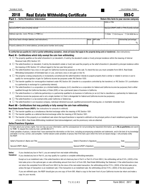 Form 593-c Real Estate Withholding Certificate - California, 2018
