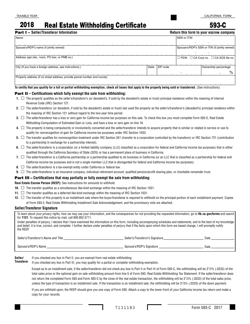 Form 593-c Real Estate Withholding Certificate - California, Page 1