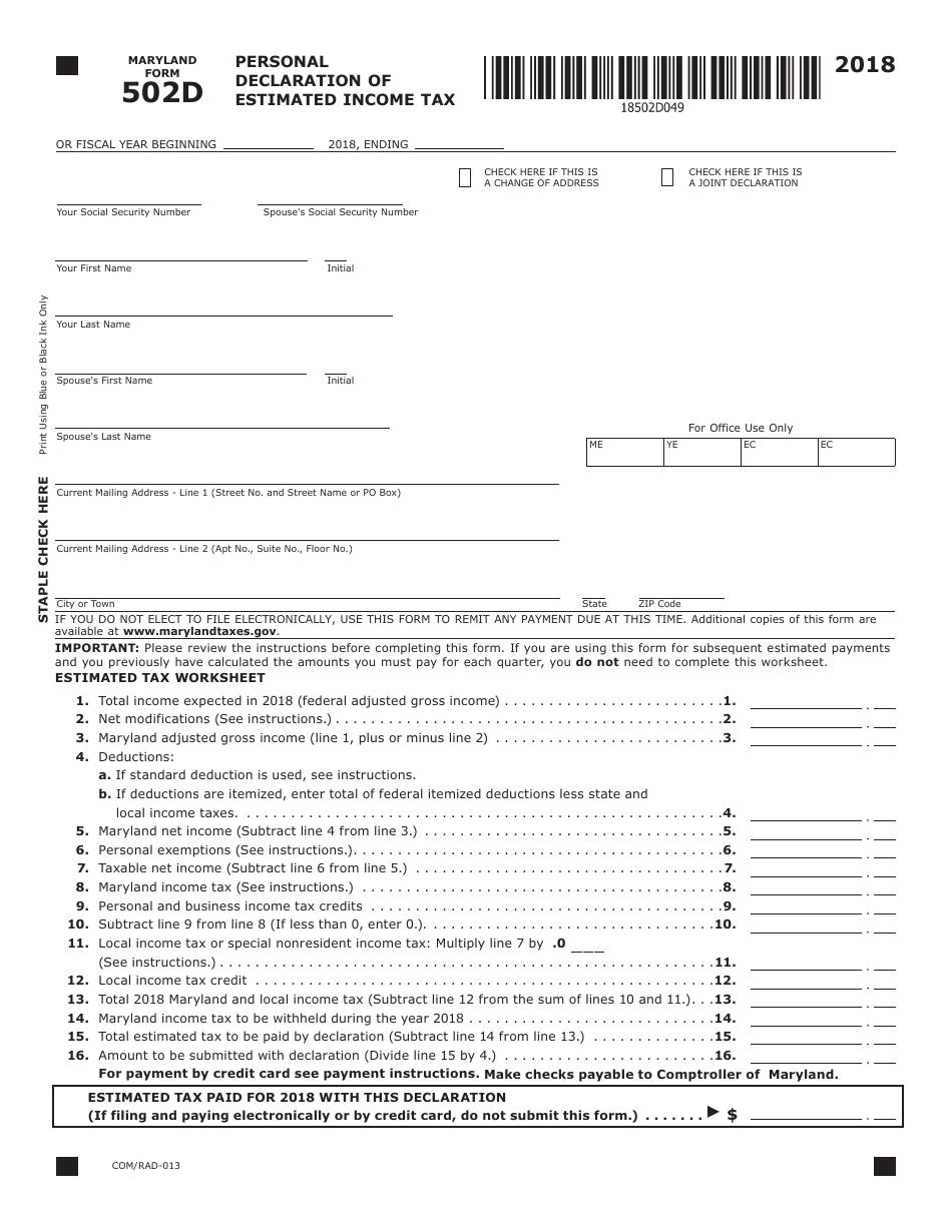 Form 502D Personal Declaration of Estimated Income Tax - Maryland, Page 1
