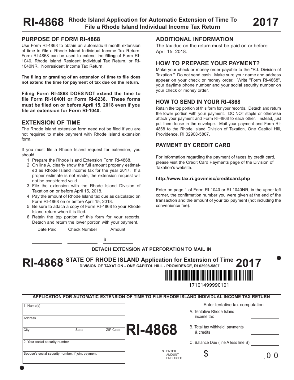 Form Ri 4868 Download Fillable Pdf Or Fill Online Application For Extension Of Time 2017 Rhode 5280