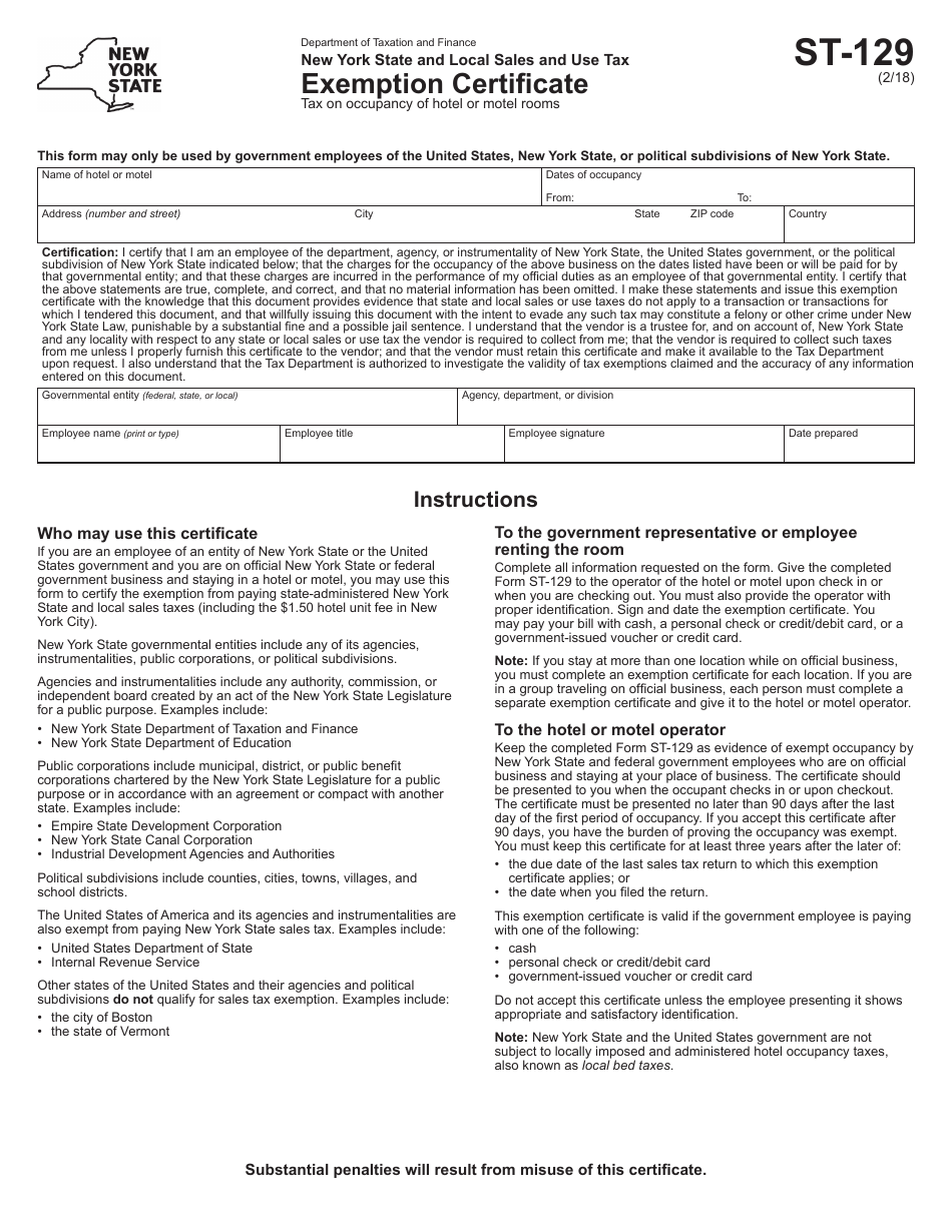 Form ST-129 Exemption Certificate - New York, Page 1