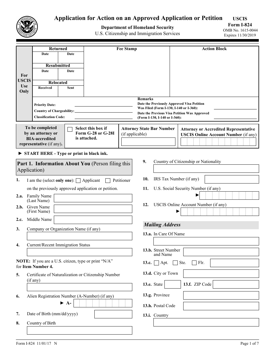 USCIS Form I-824 Application for Action on an Approved Application or Petition, Page 1