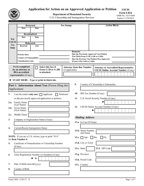 USCIS Form I-824  Printable Pdf