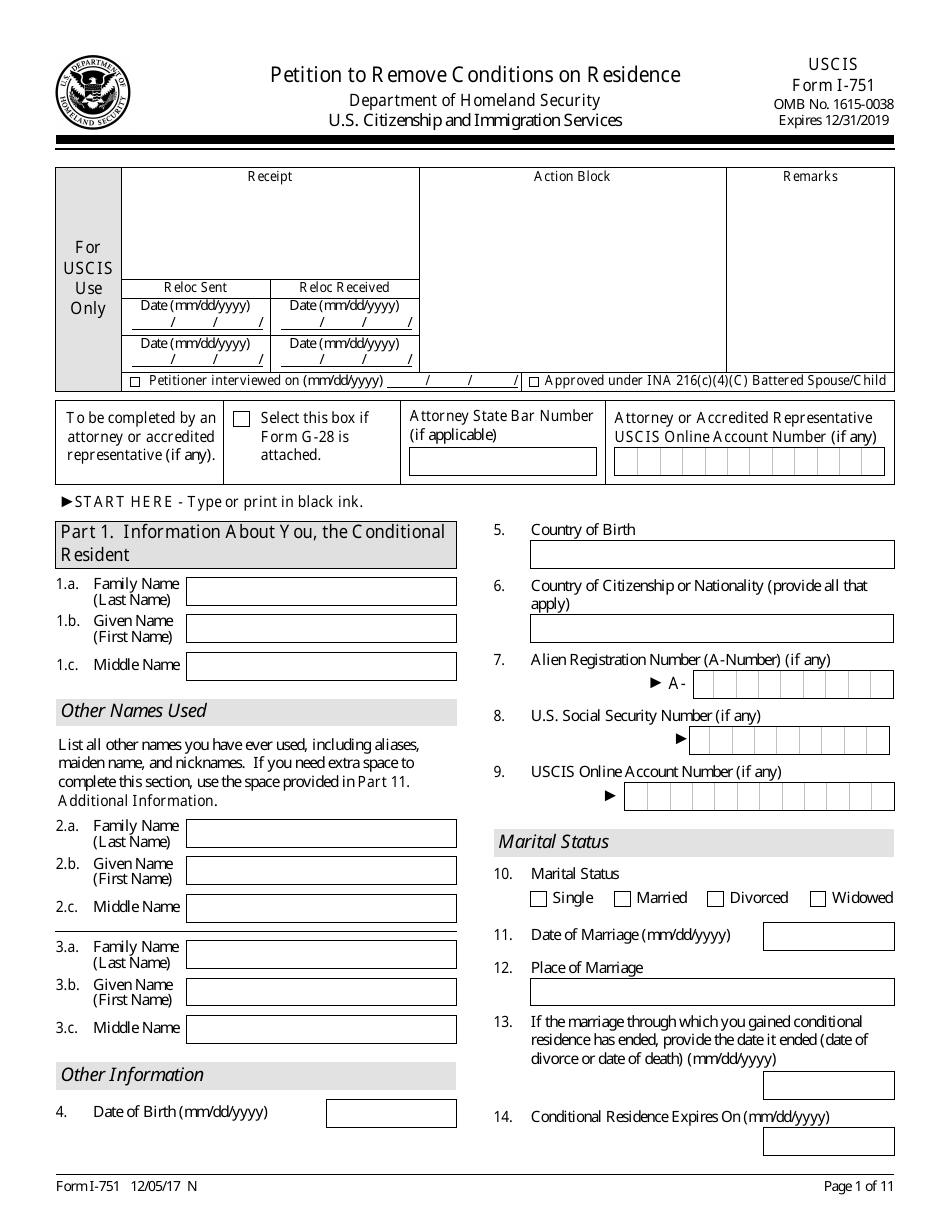 USCIS Form I-751 Petition to Remove Conditions on Residence, Page 1