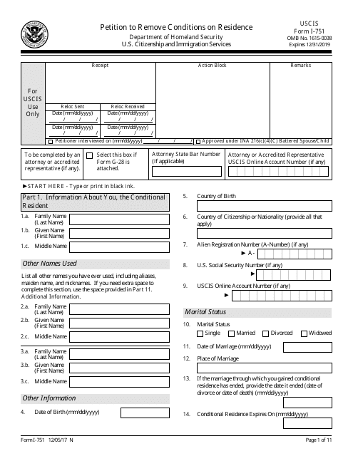 USCIS Form I-751  Printable Pdf